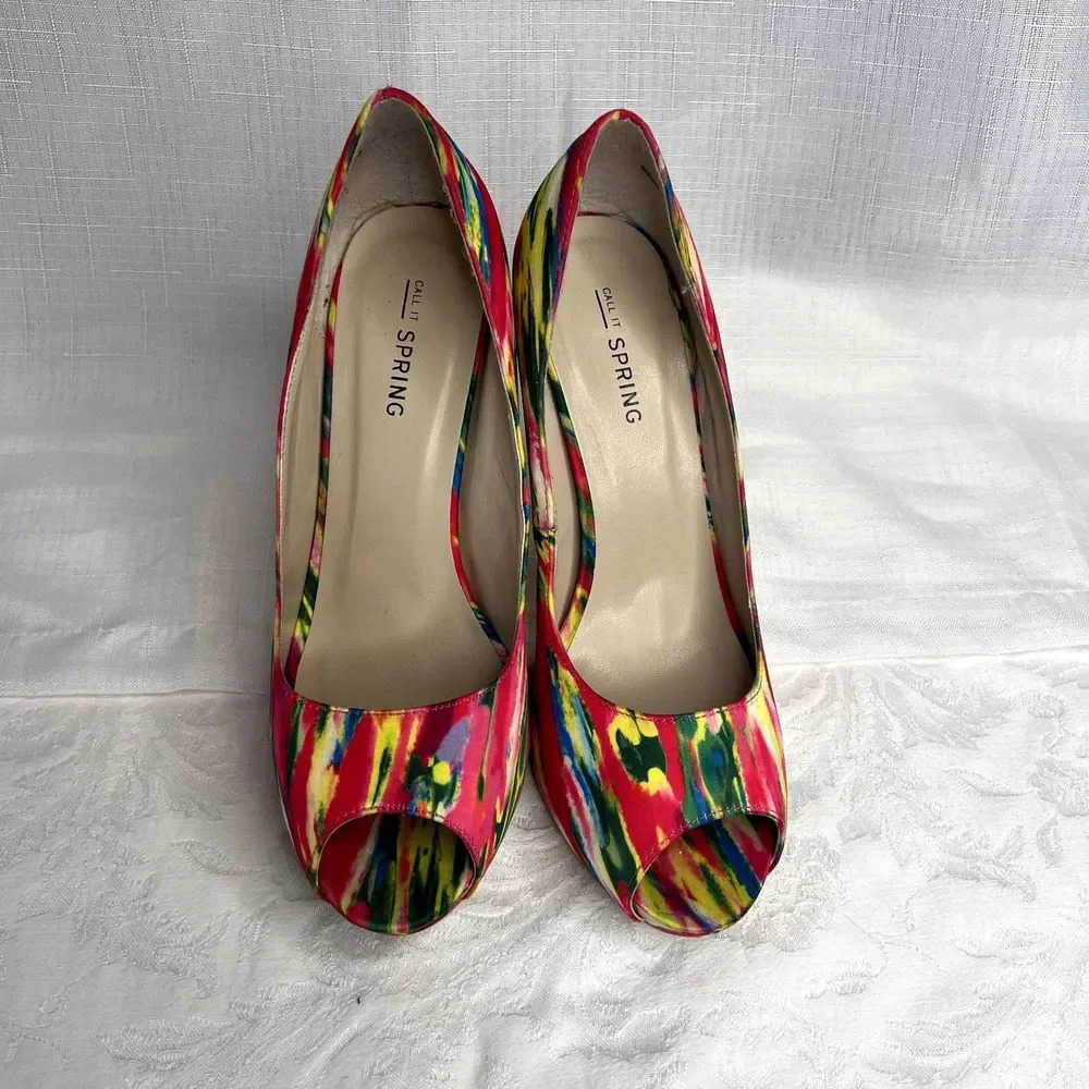 Call It Spring Open Toe Neon Multi Color Pumps Size 7 - Picture 8 of 8